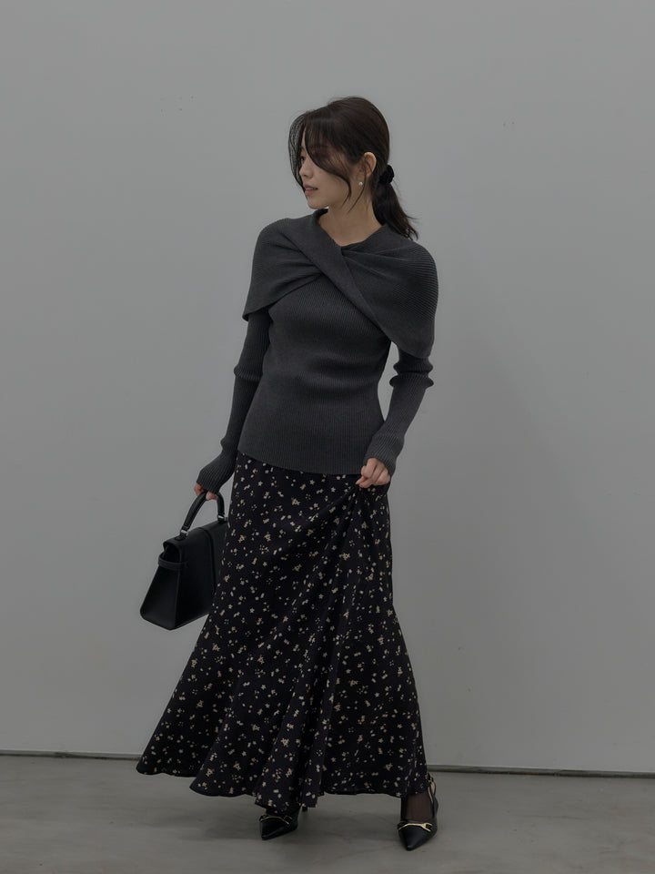 【SET】ケープライクデザインリブニットトップス+フラワーパターンマーメイドフレアスカート(2set)