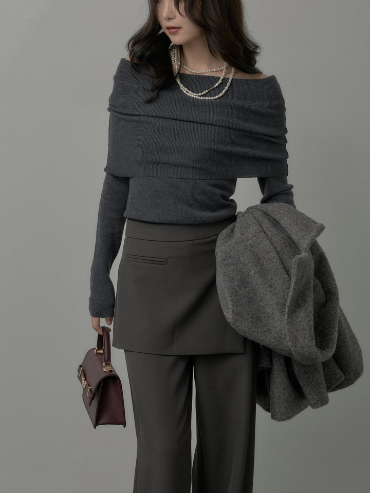 【SET】【Essential】オーバーサイズジャケットコート+オフショルリブニットトップス+ラップワイドパンツ(3set)