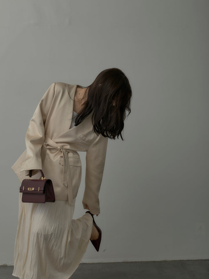 【SET】ノーカラーサテンジャケット+ベロアワッシャープリーツスカート(2set)