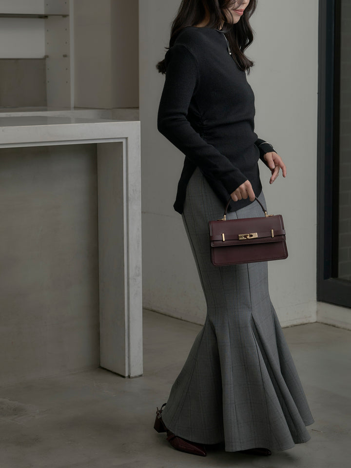 【SET】サイドスリットボートネックニットトップス+【Essential】チェック柄マーメイドスカート(2set)