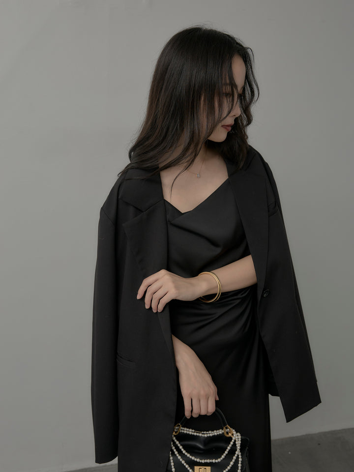 【SET】【Essential】ボックスシルエットテーラードジャケット+【Essential】サテンドレープキャミワンピ(2set)