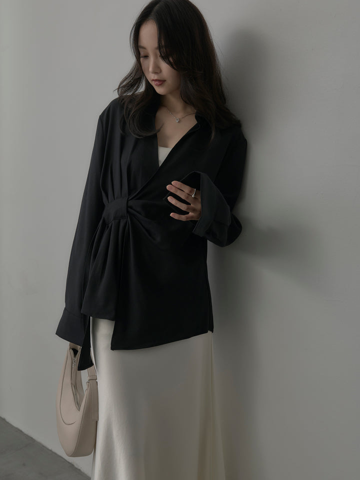 【SET】フロントラップデザインシャツ+ナローAラインサテンスカート(2set)