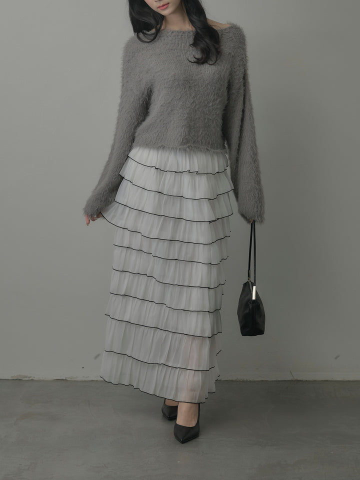 【SET】襟デザインシャギーニットトップス+バイカラーフリルチュールスカート(2set)