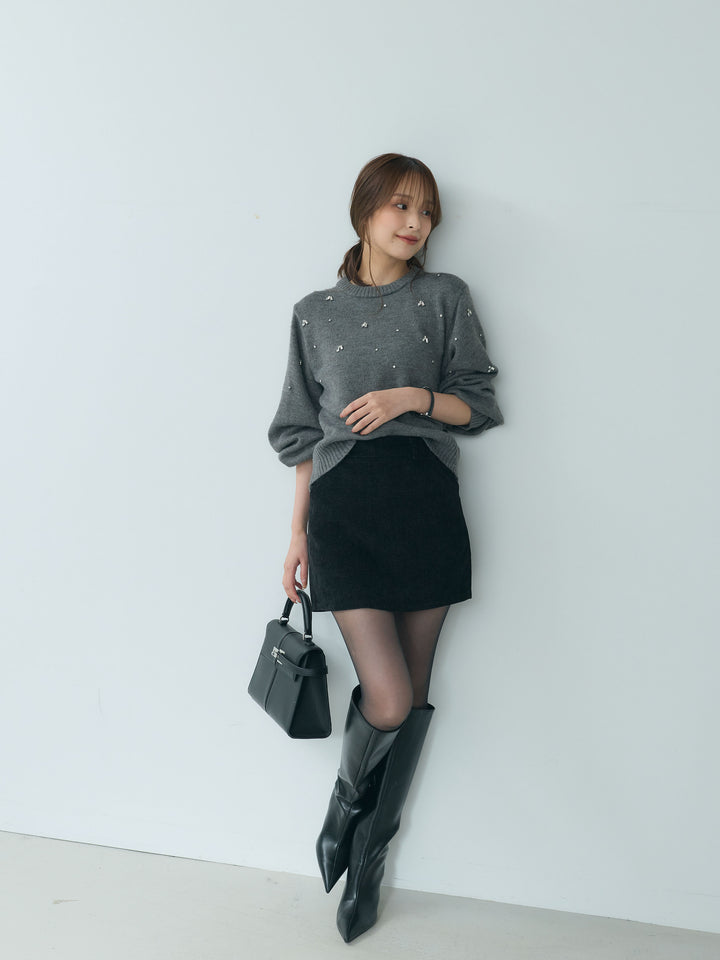 【SET】ビジューニットトップス+ベロアミニスカート(2set)