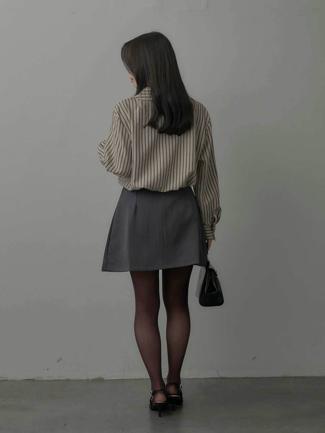 【SET】スエードタッチドッキングデザインストライプシャツ+ベルト付きプリーツミニスカート(2set)