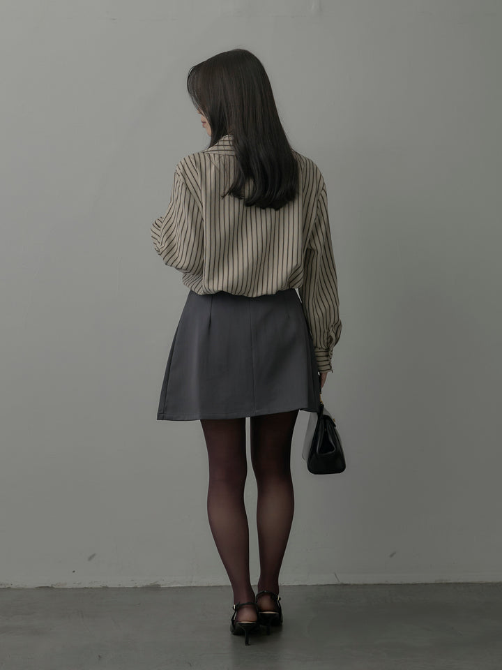 【SET】スエードタッチドッキングデザインストライプシャツ+ベルト付きプリーツミニスカート(2set)