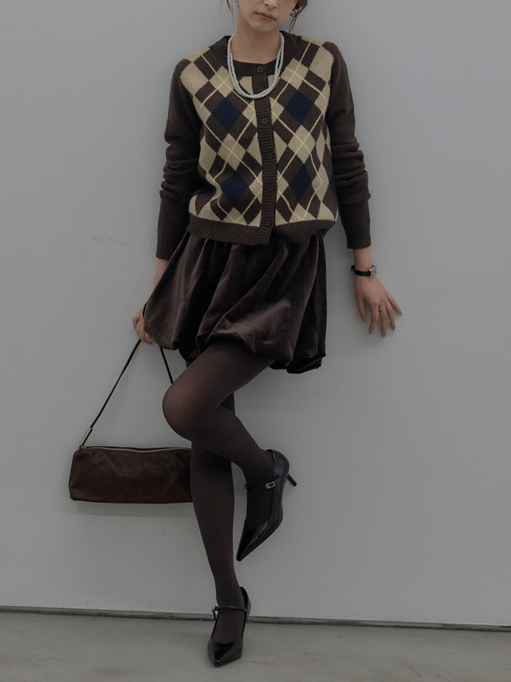 【SET】アーガイル柄コンパクトニットカーディガン+ベロアバルーンミニスカート(インパン付き)(2set)