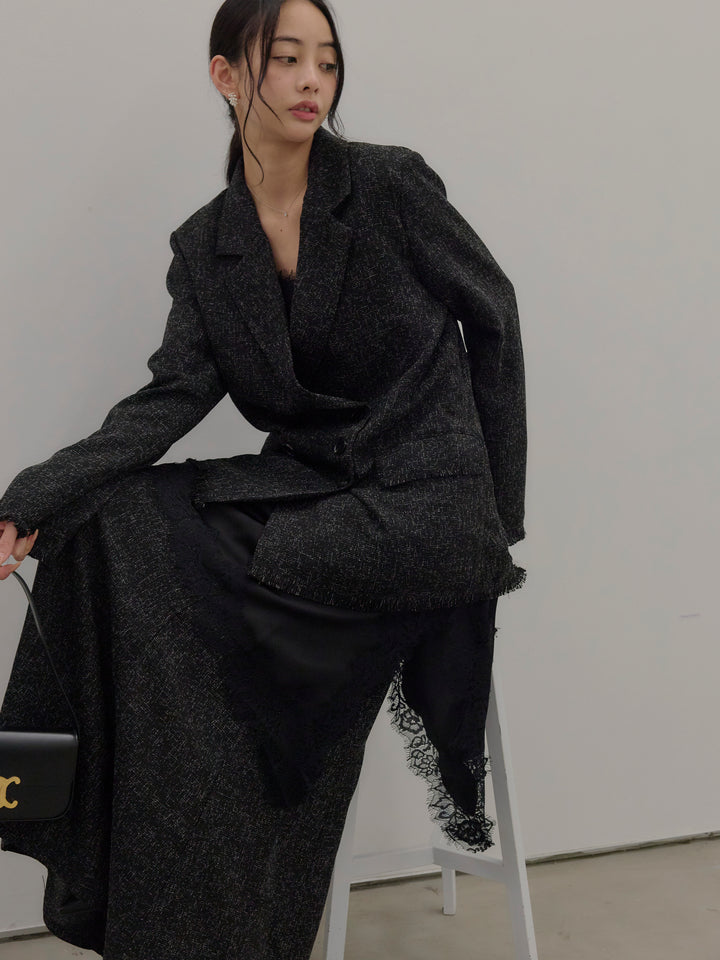 【SET】スラブネップツイードフリンジテーラードジャケット+アシンメトリーサテンレースキャミソール(2set)