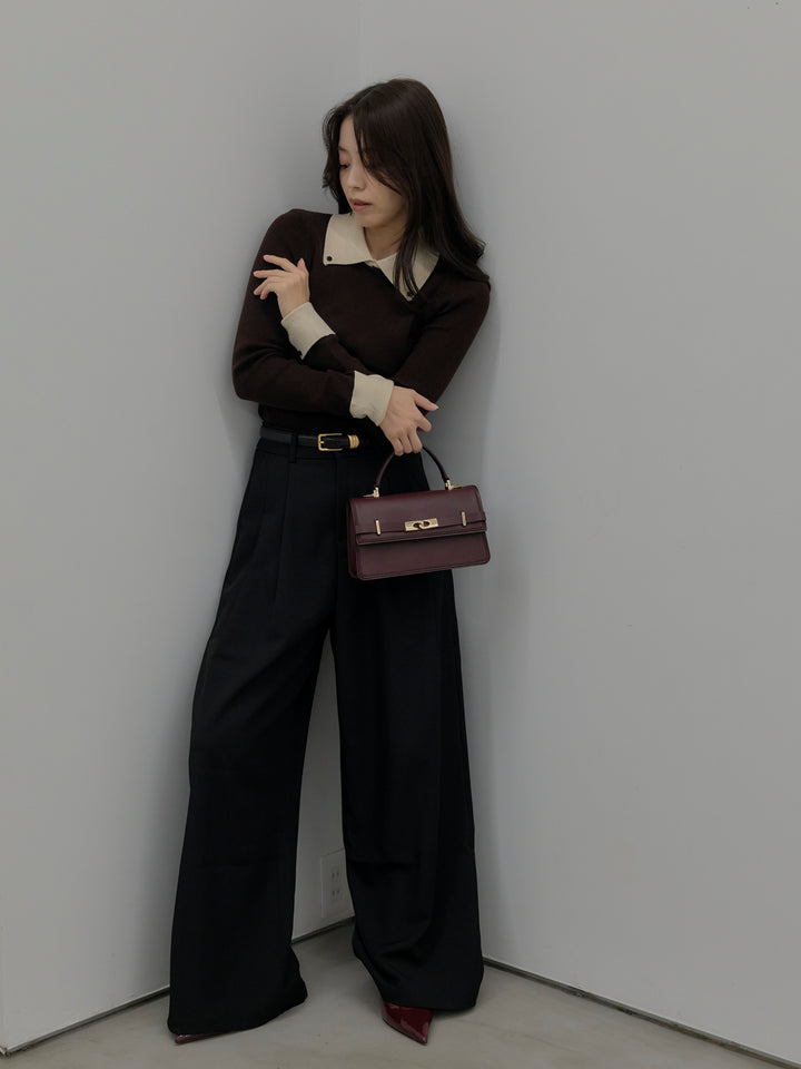 【SET】配色カフスニットポロ+デザインタックワイドパンツ(2set)