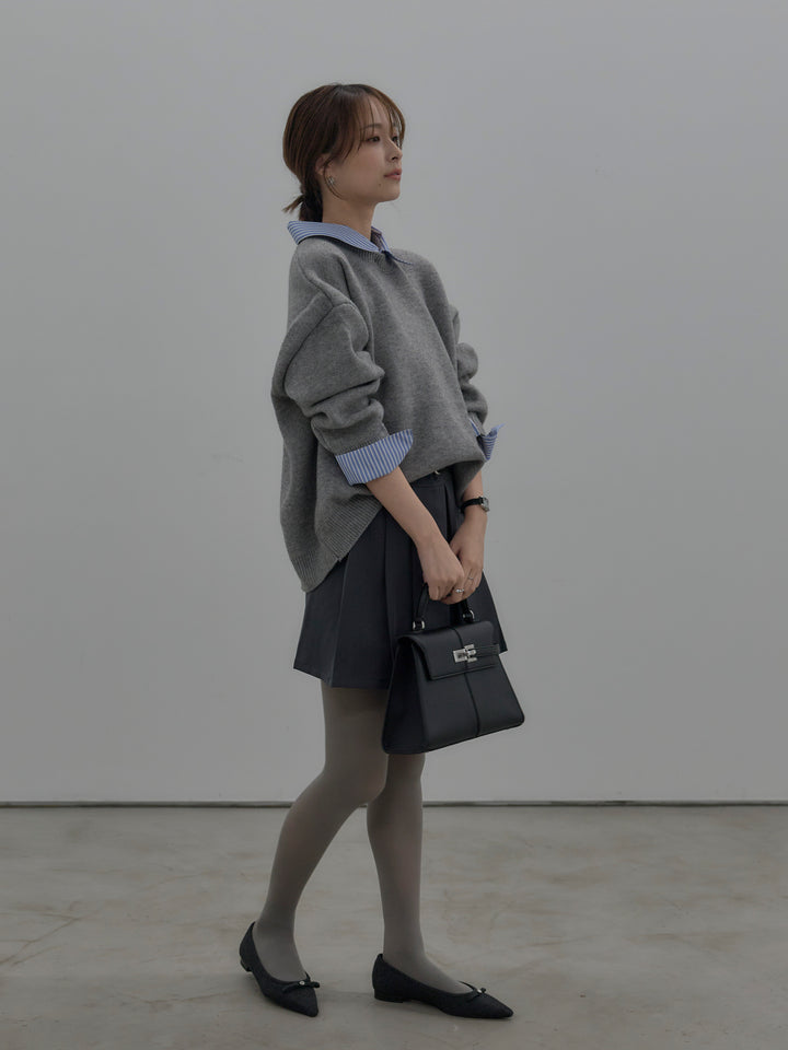 【SET】シャツドッキング肉厚ニットプルオーバー+ベルト付きプリーツミニスカート(2set)