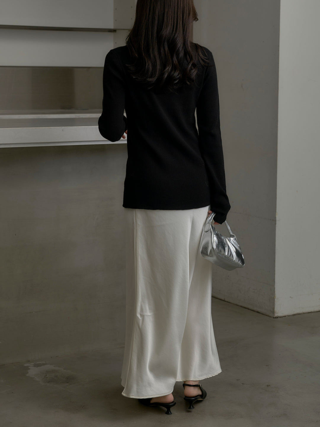 【SET】リブ配色ラインポロニットカーディガン+ナローAラインサテンスカート(2set)