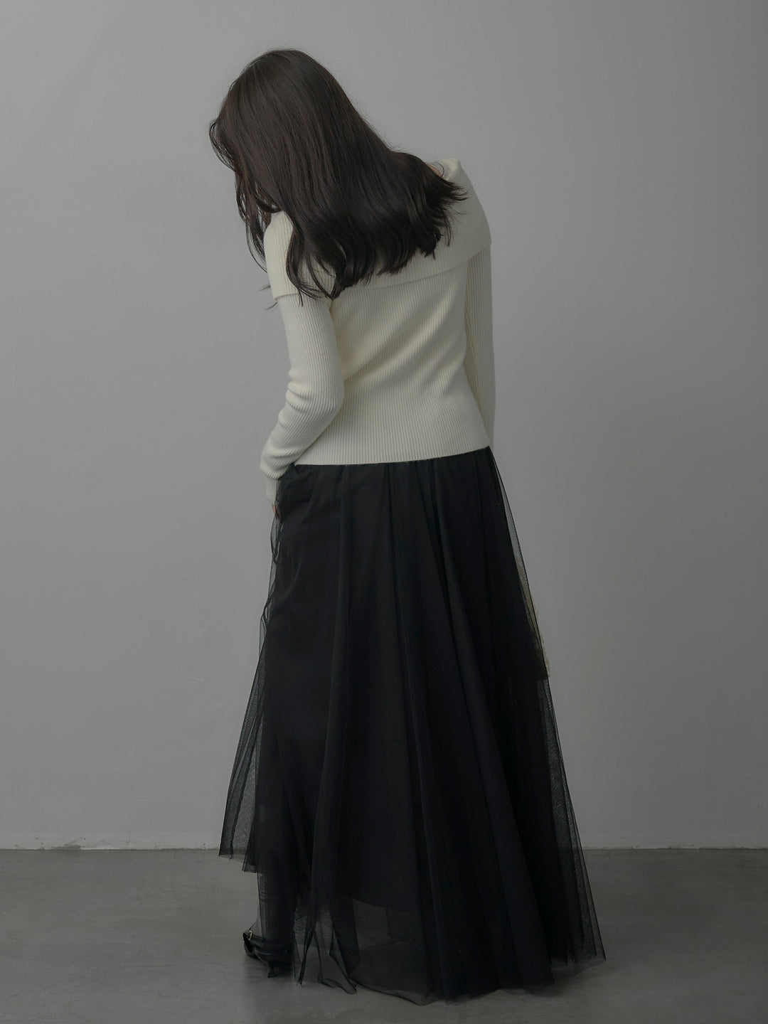 【SET】オフショルライクリブニットトップス+ボリュームチュールスカート(2set)