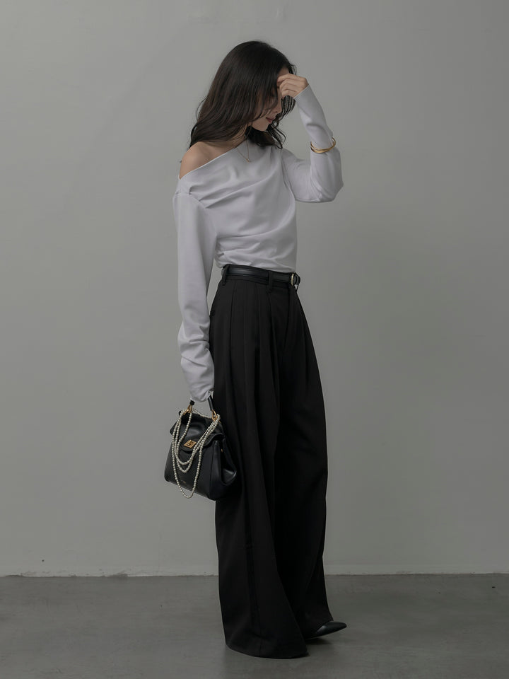 【SET】【Essential】2wayショルダードレープカットトップス+【Essential】３タックスラックス(2set)