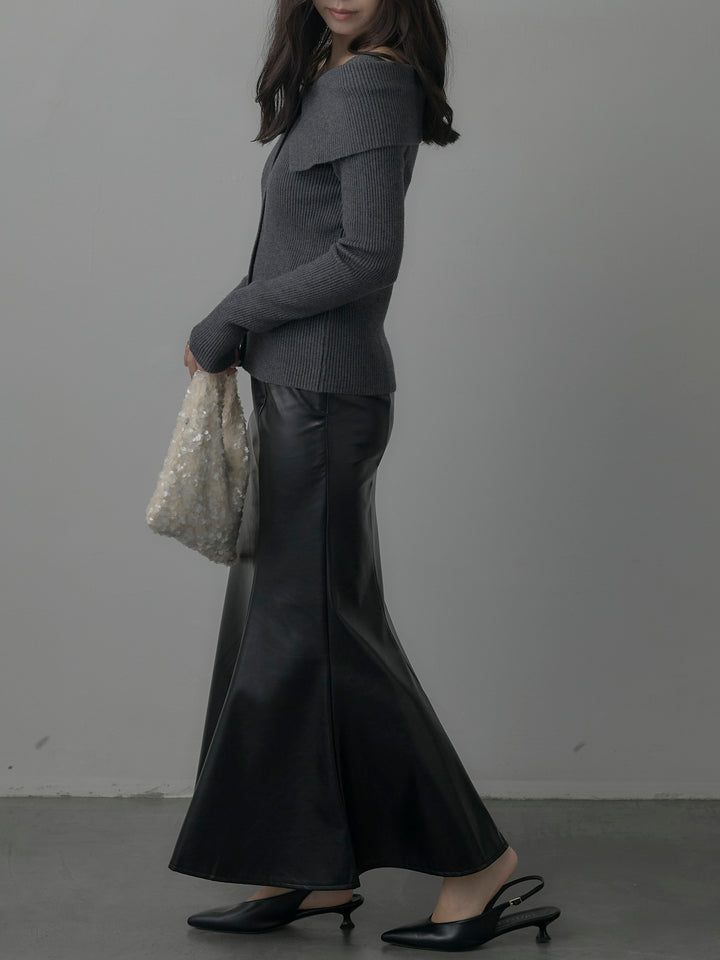 【SET】オフショルライクリブニットトップス+レザーマーメイドスカート(2set)