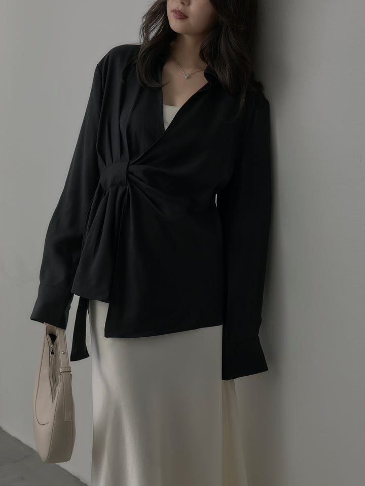 【SET】フロントラップデザインシャツ+ナローAラインサテンスカート(2set)