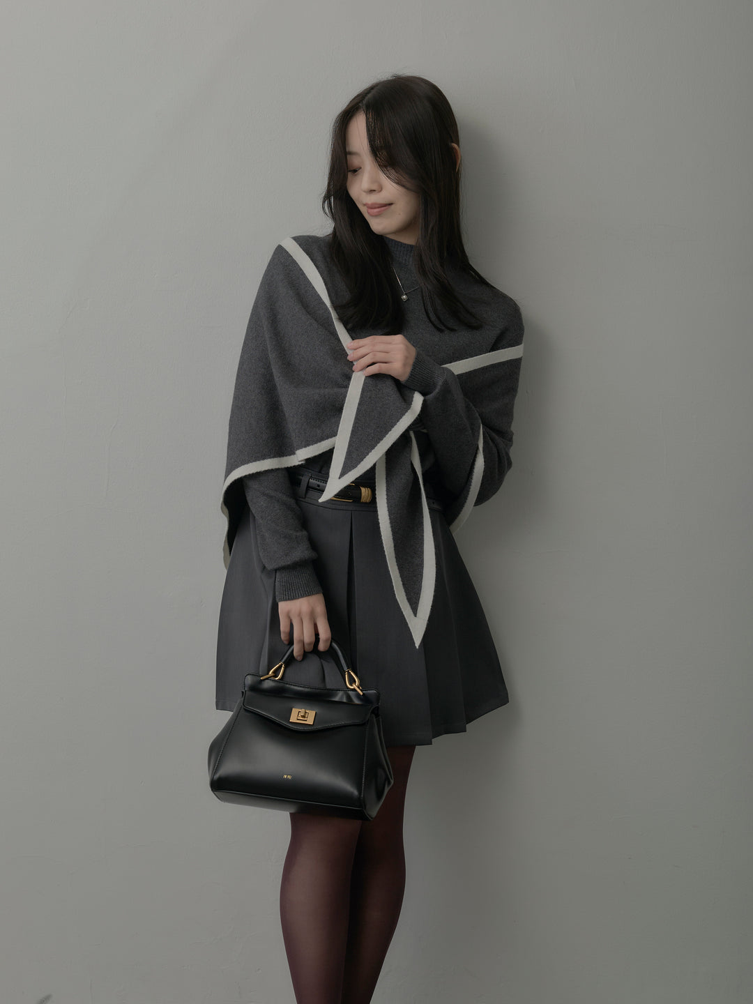 【SET】配色スカーフ付きニットトップス+ベルト付きプリーツミニスカート(2set)