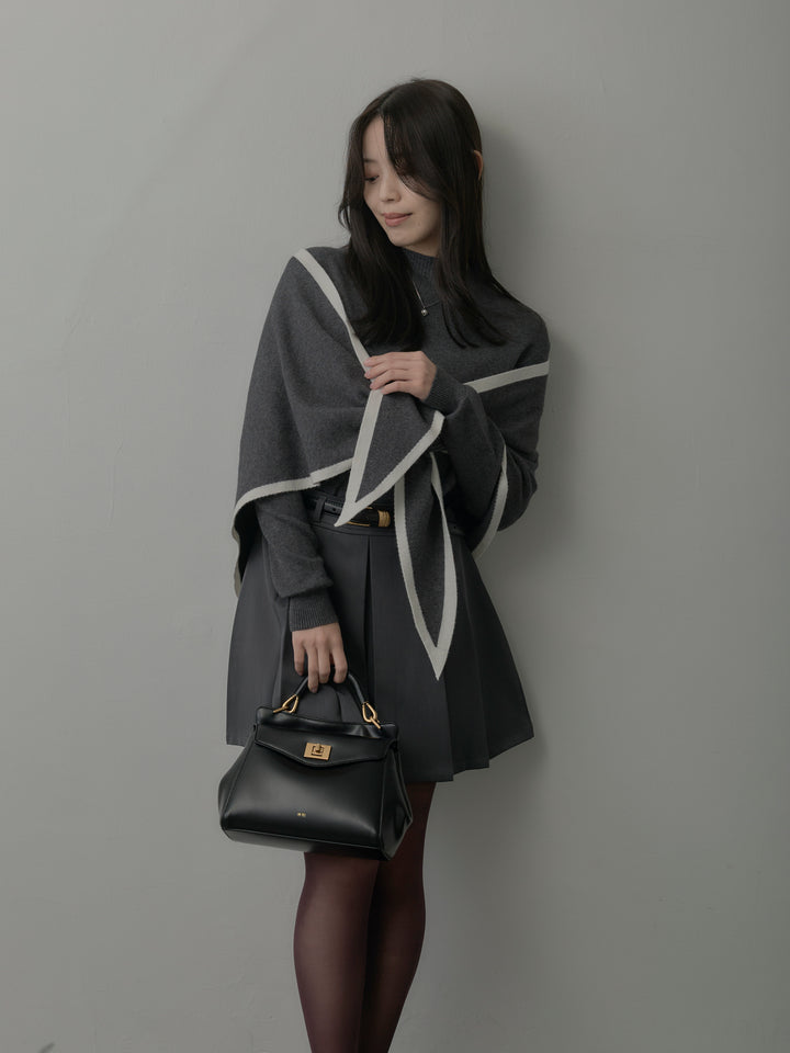 【SET】配色スカーフ付きニットトップス+ベルト付きプリーツミニスカート(2set)