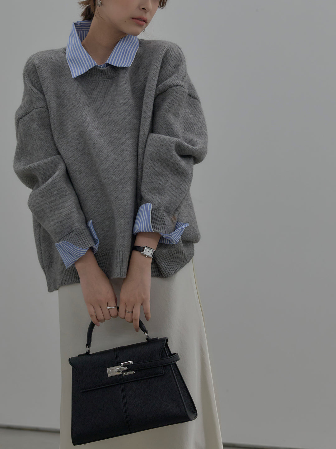 【SET】シャツドッキング肉厚ニットプルオーバー+ナローAラインサテンスカート(2set)