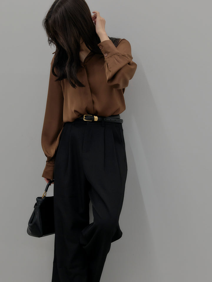 【SET】比翼仕立てサテンシャツ+デザインタックワイドパンツ(2set)