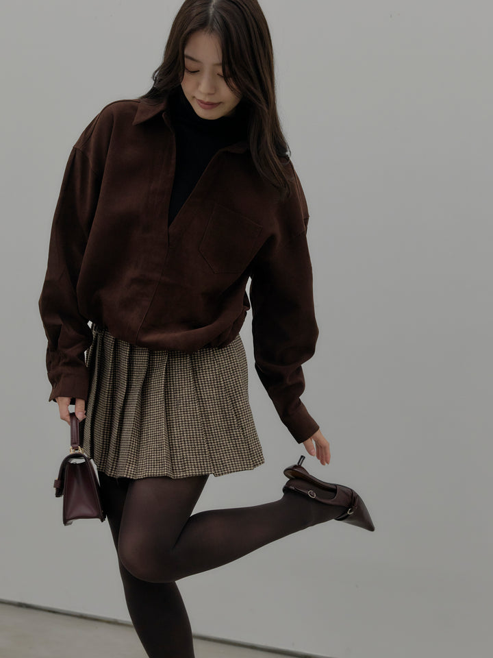 ドッキングデザイン裾ドロストスエードシャツ