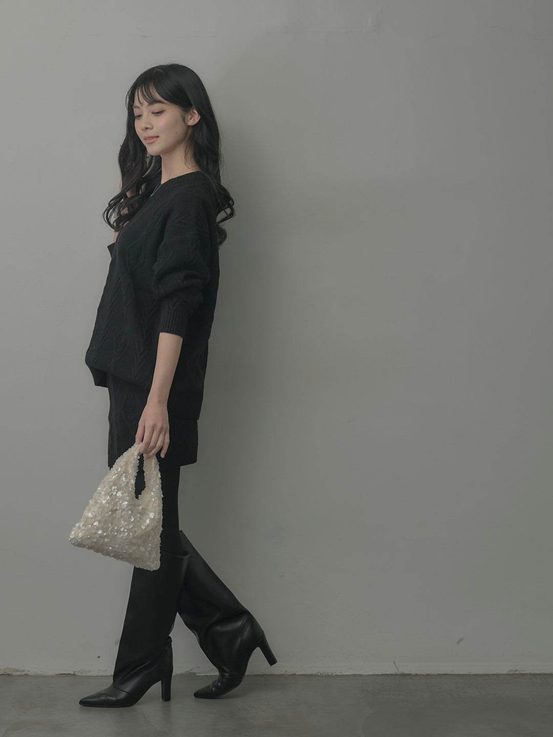 デザイン編みニットトップス&ミニスカート SET UP