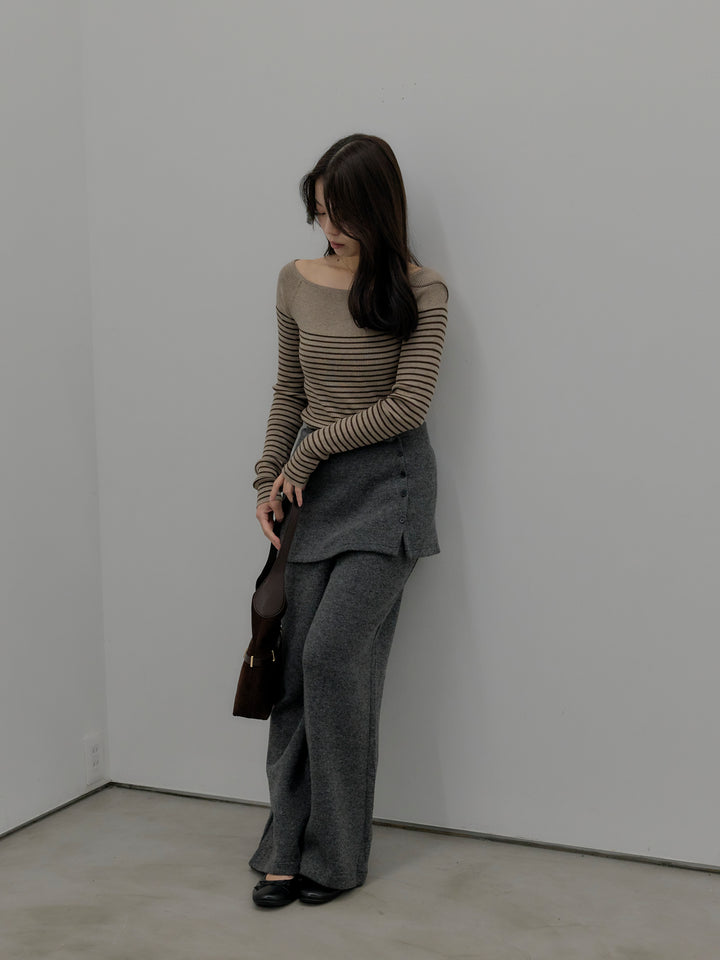 【SET】ハーフボーダーニットトップス+ミックスヤーンニットラップパンツ(2set)