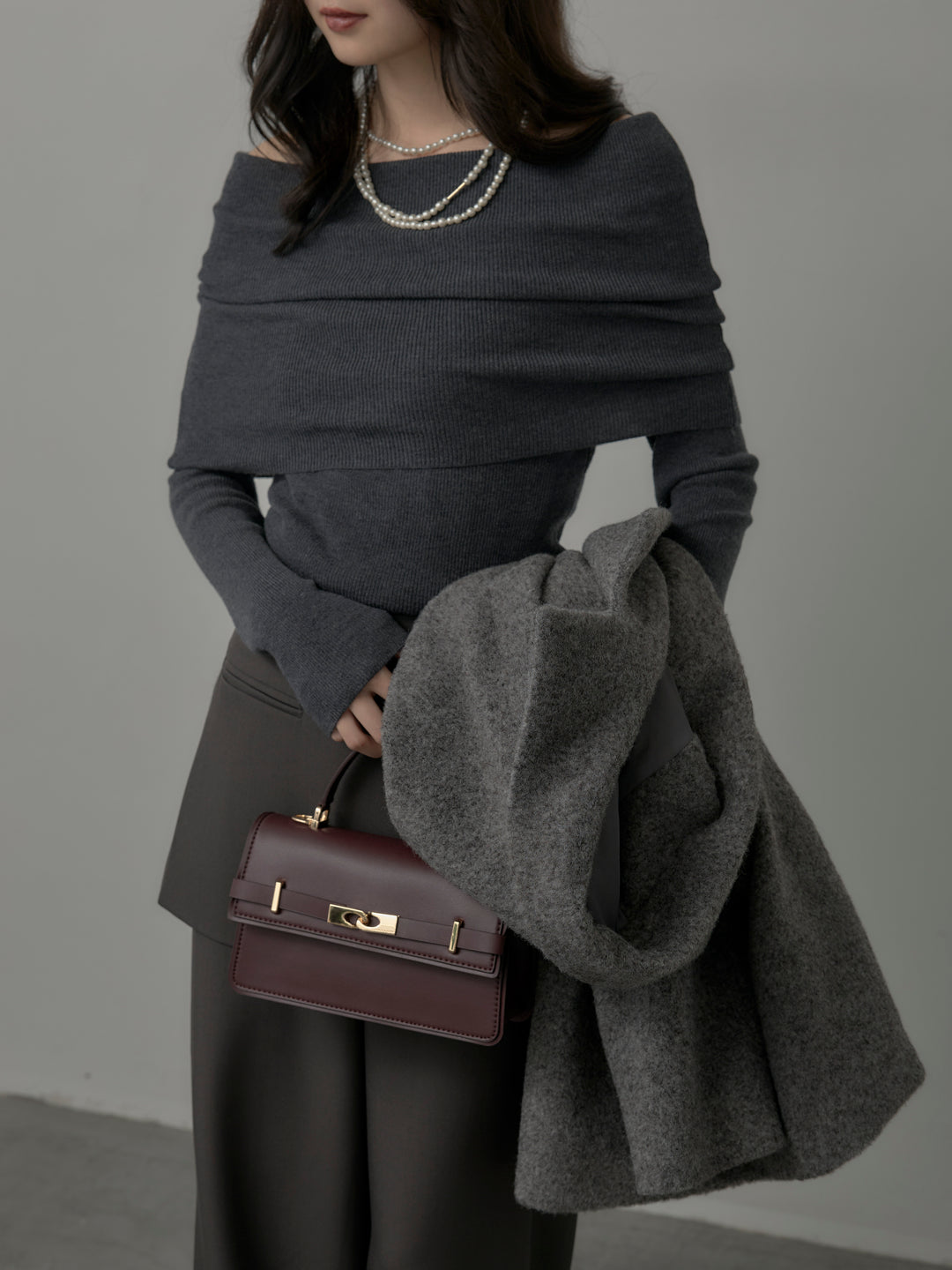 【SET】オフショルリブニットトップス+ラップワイドパンツ(2set)