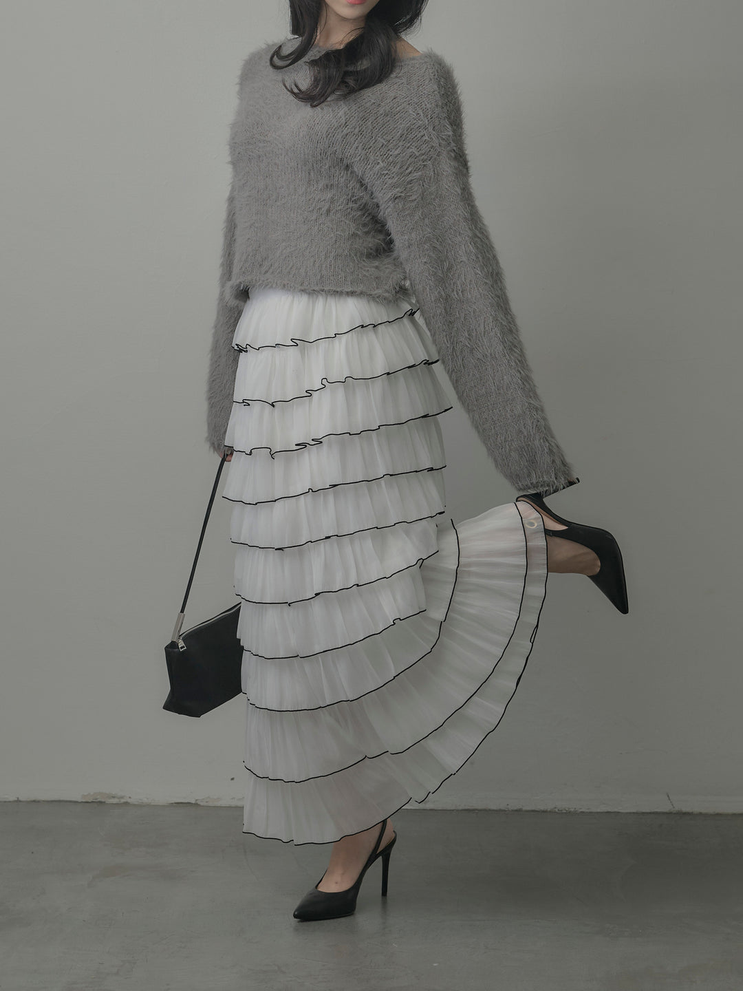 襟デザインシャギーニットトップス