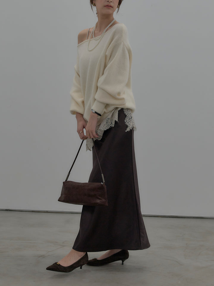【SET】【premium touch】2wayショルダーニットプルオーバー+ナローAラインサテンスカート(2set)
