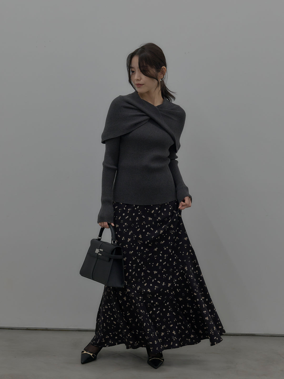 【SET】ケープライクデザインリブニットトップス+フラワーパターンマーメイドフレアスカート(2set)