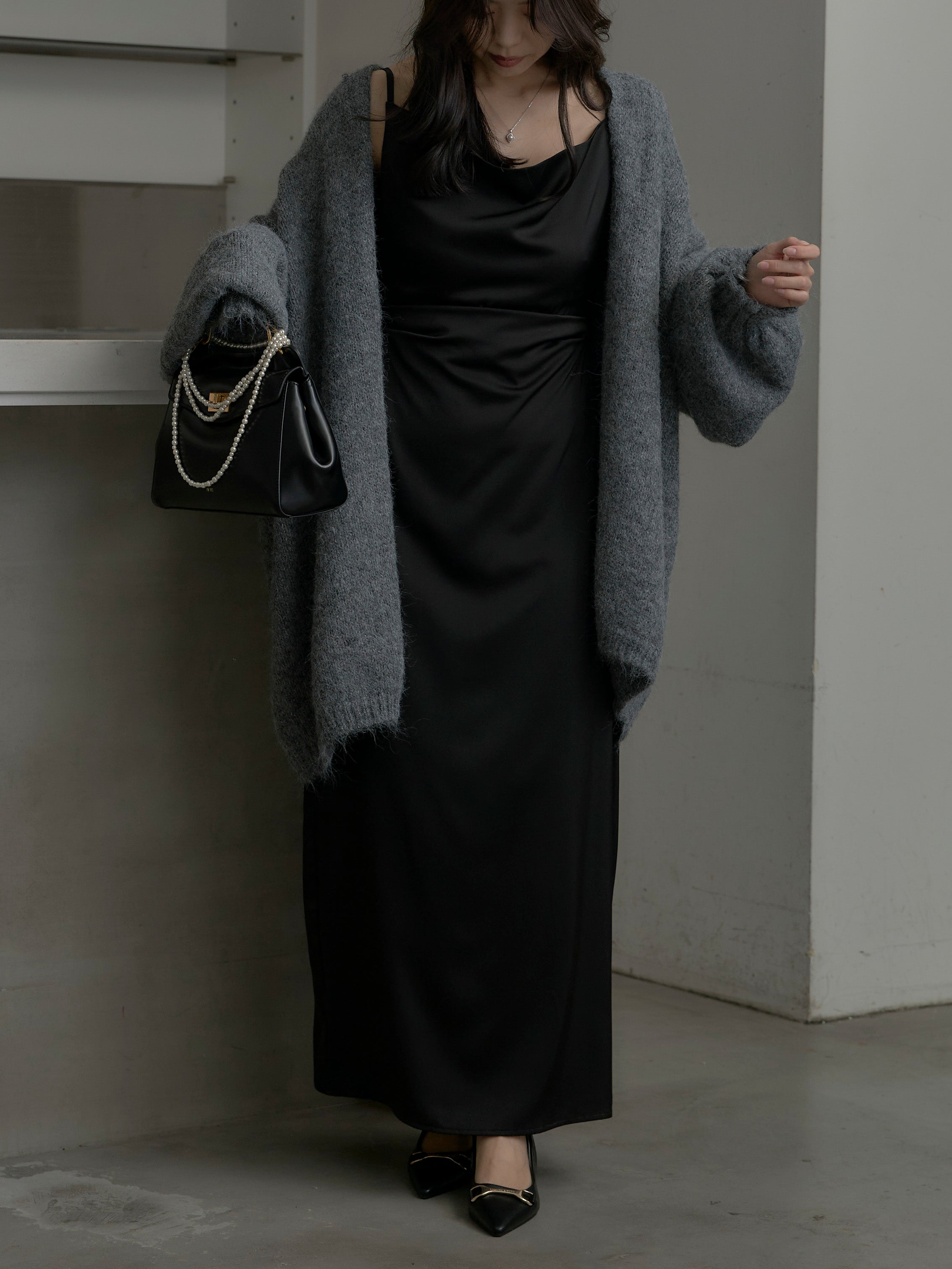 SET】モヘアライクオーバーニットカーディガン+【Essential】サテン