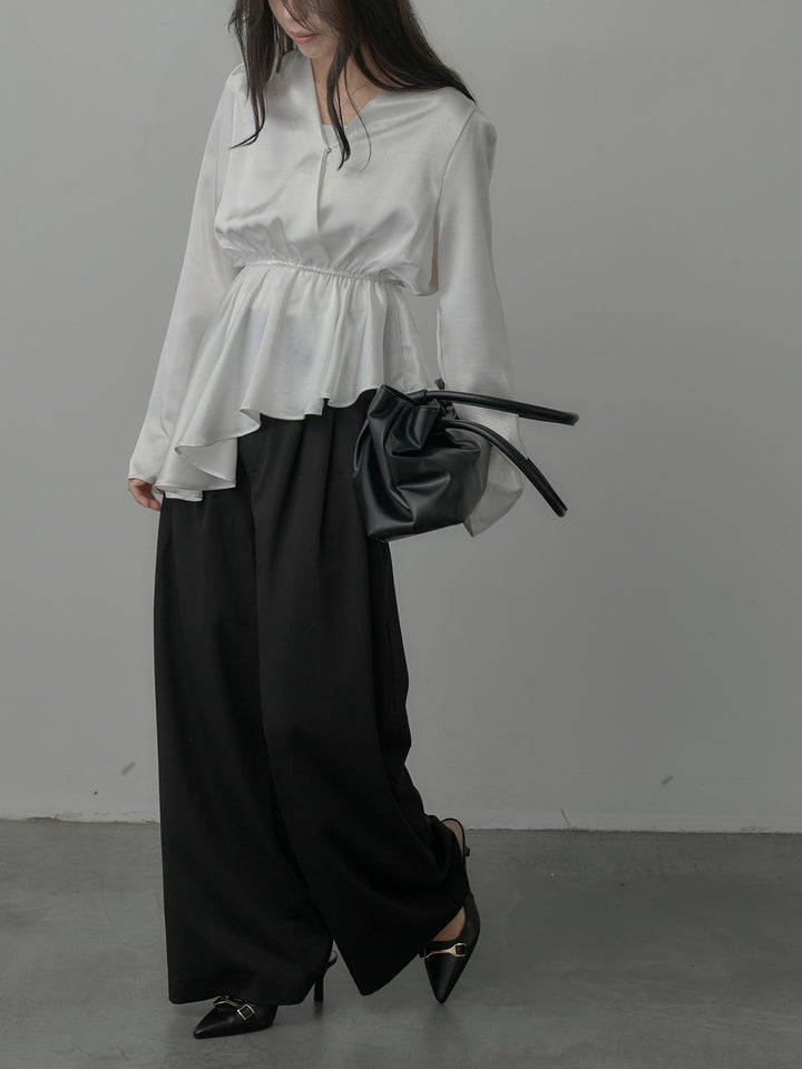 【SET】Vネックアシメサテンブラウス+【Essential】３タックスラックス(2set)