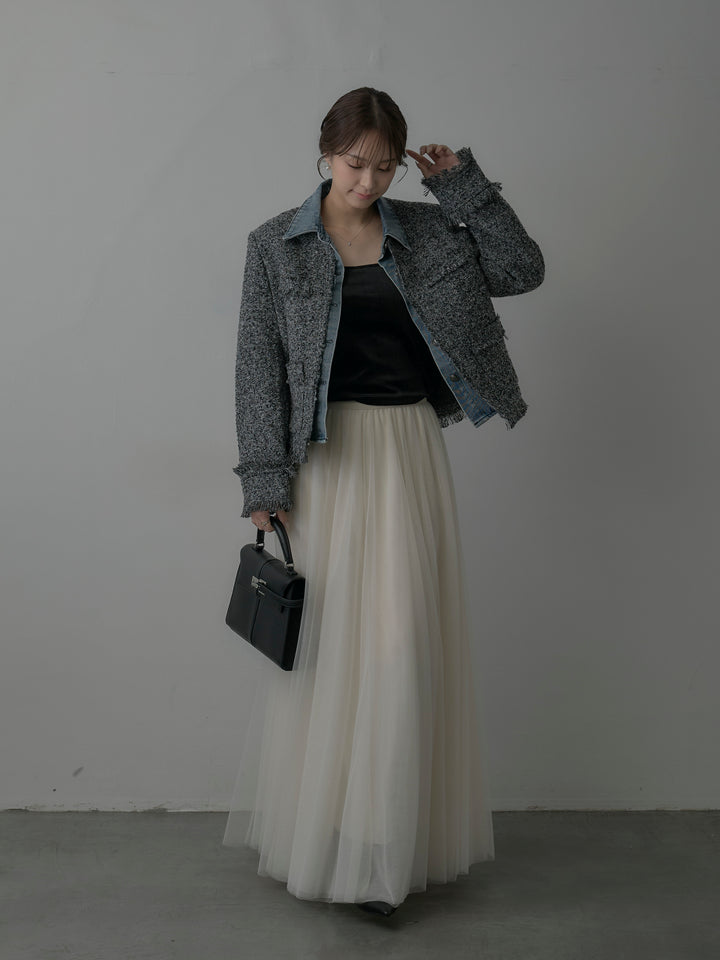 【SET】デニムドッキングオーバーサイズツイードジャケット+ボリュームチュールスカート(2set)