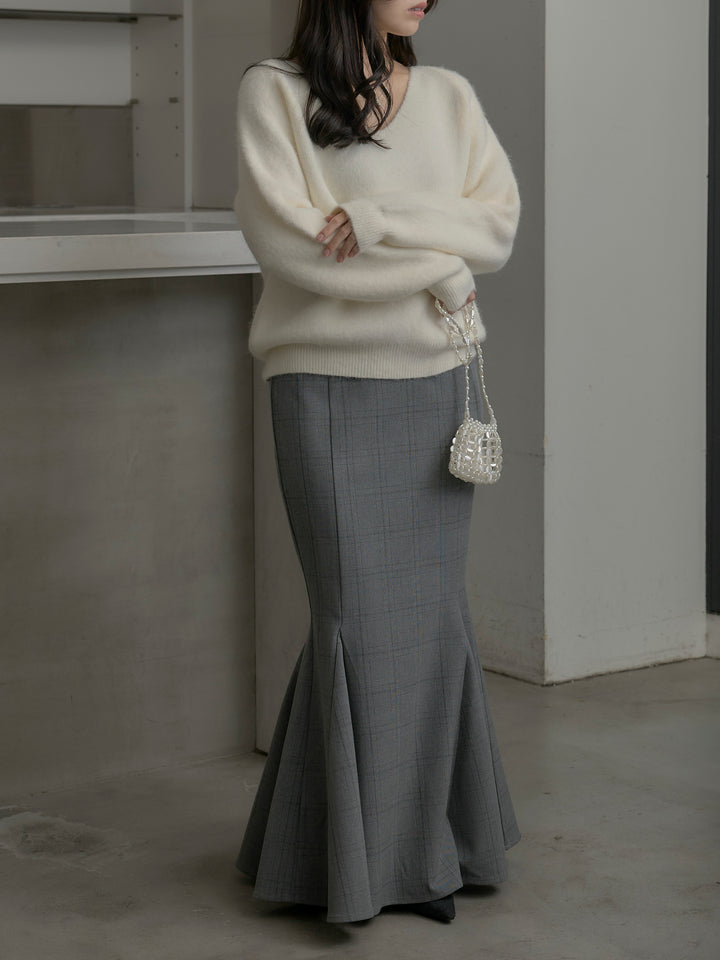 【SET】モヘアタッチVネックニットプルオーバー+【Essential】チェック柄マーメイドスカート(2set)