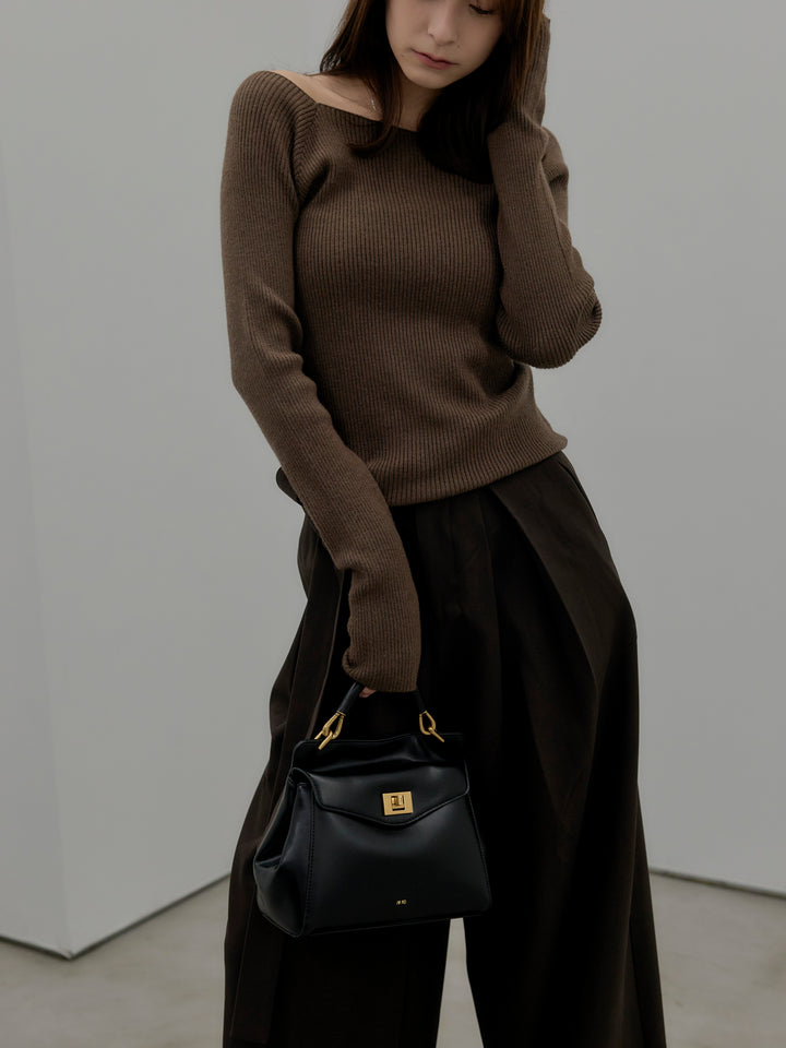 【SET】スクエアネックリブニット+ウエストリボンワイドパンツ(2set)