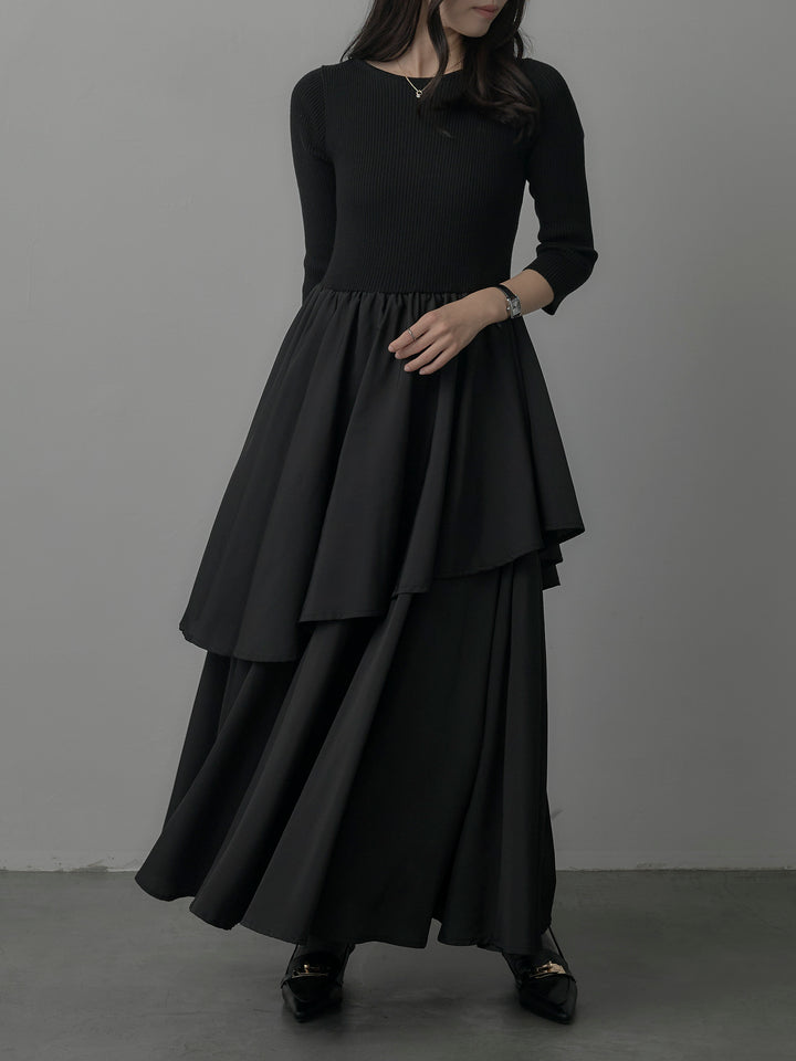 【Essential】7部袖リブドッキングワンピース