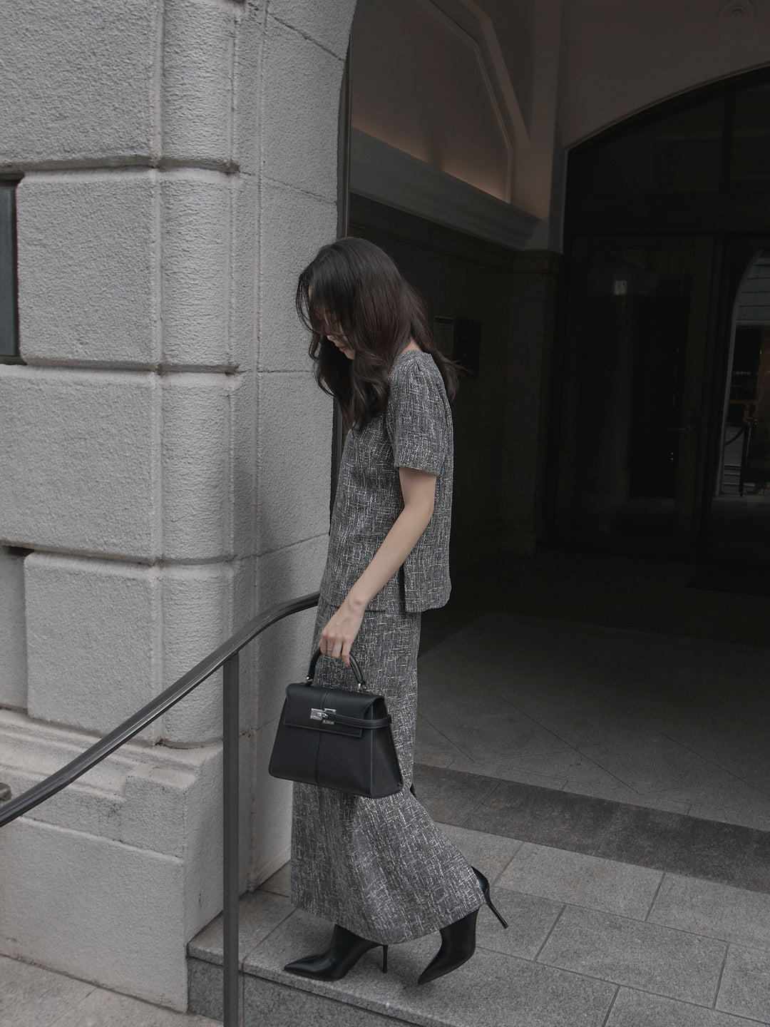 【SET】【Essential】ツイードハーフスリーブトップス+【Essential】ツイードペンシルスカート(2set)