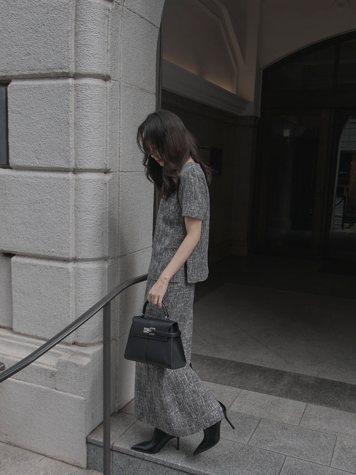 【SET】【Essential】ツイードハーフスリーブトップス+【Essential】ツイードペンシルスカート(2set)