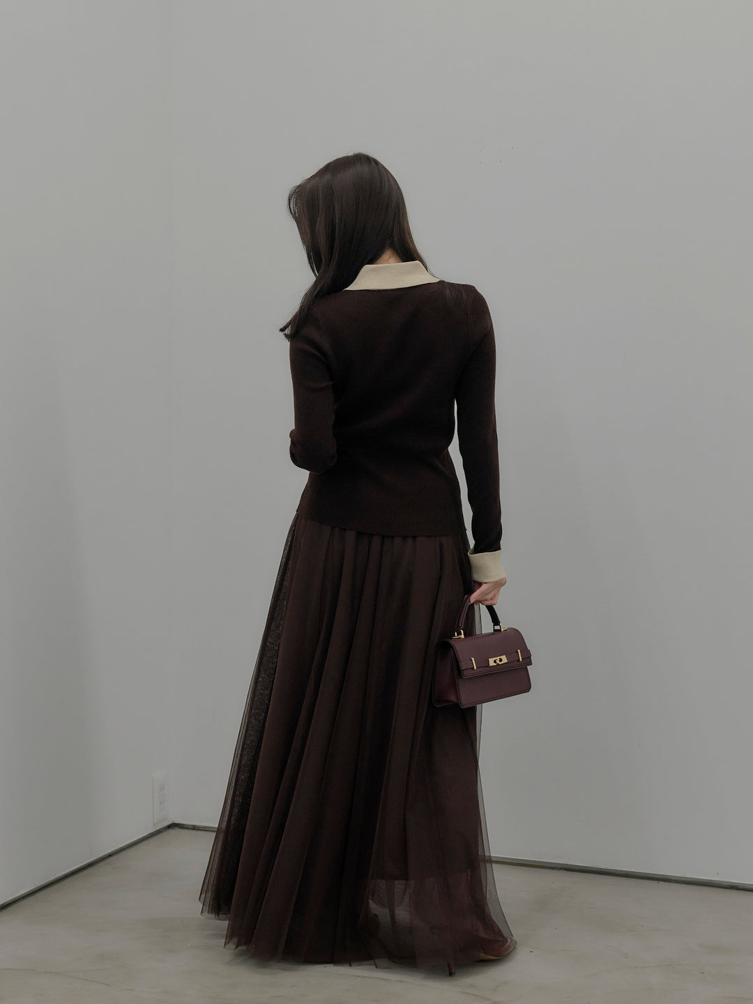 【SET】配色カフスニットポロ+ボリュームチュールスカート(2set)