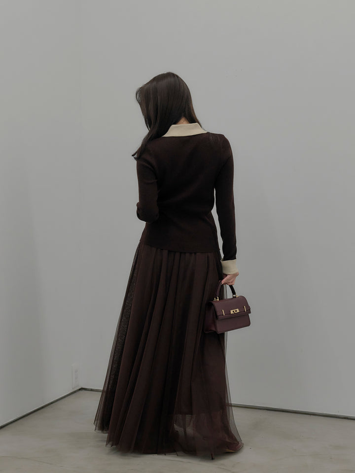 【SET】配色カフスニットポロ+ボリュームチュールスカート(2set)