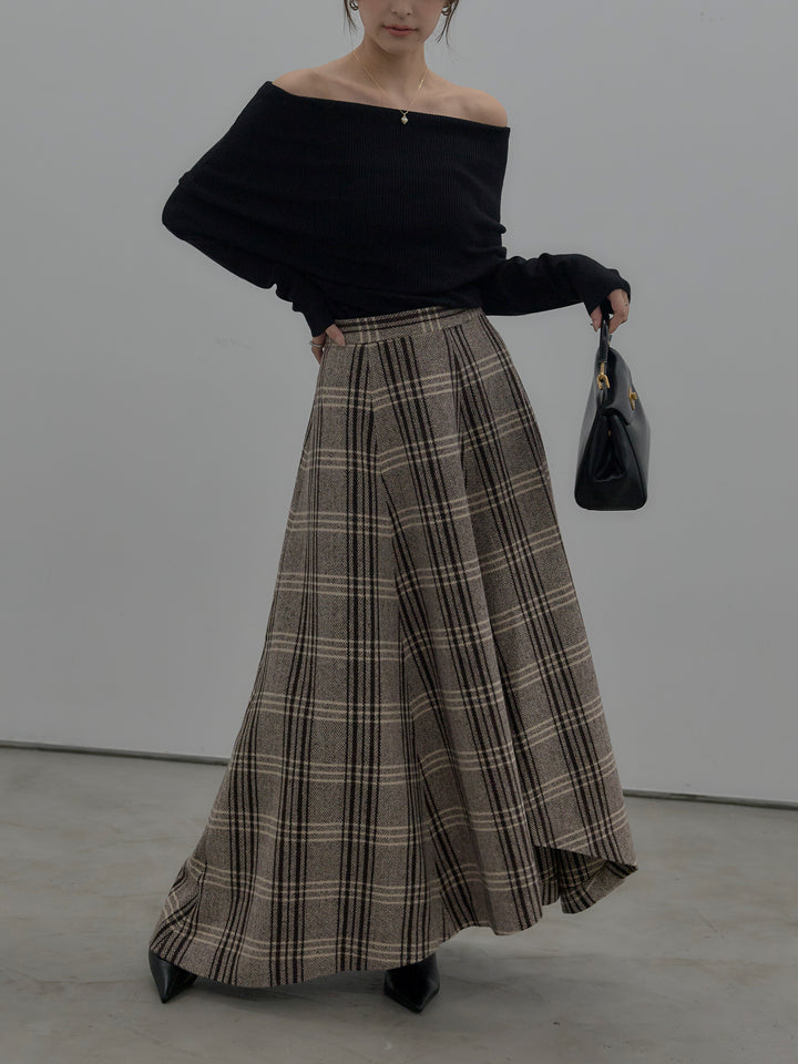 【SET】【premium touch】ソフトリブオフショルニットトップス+【Essential】クラシカルチェックウールタッチスカート(2set)