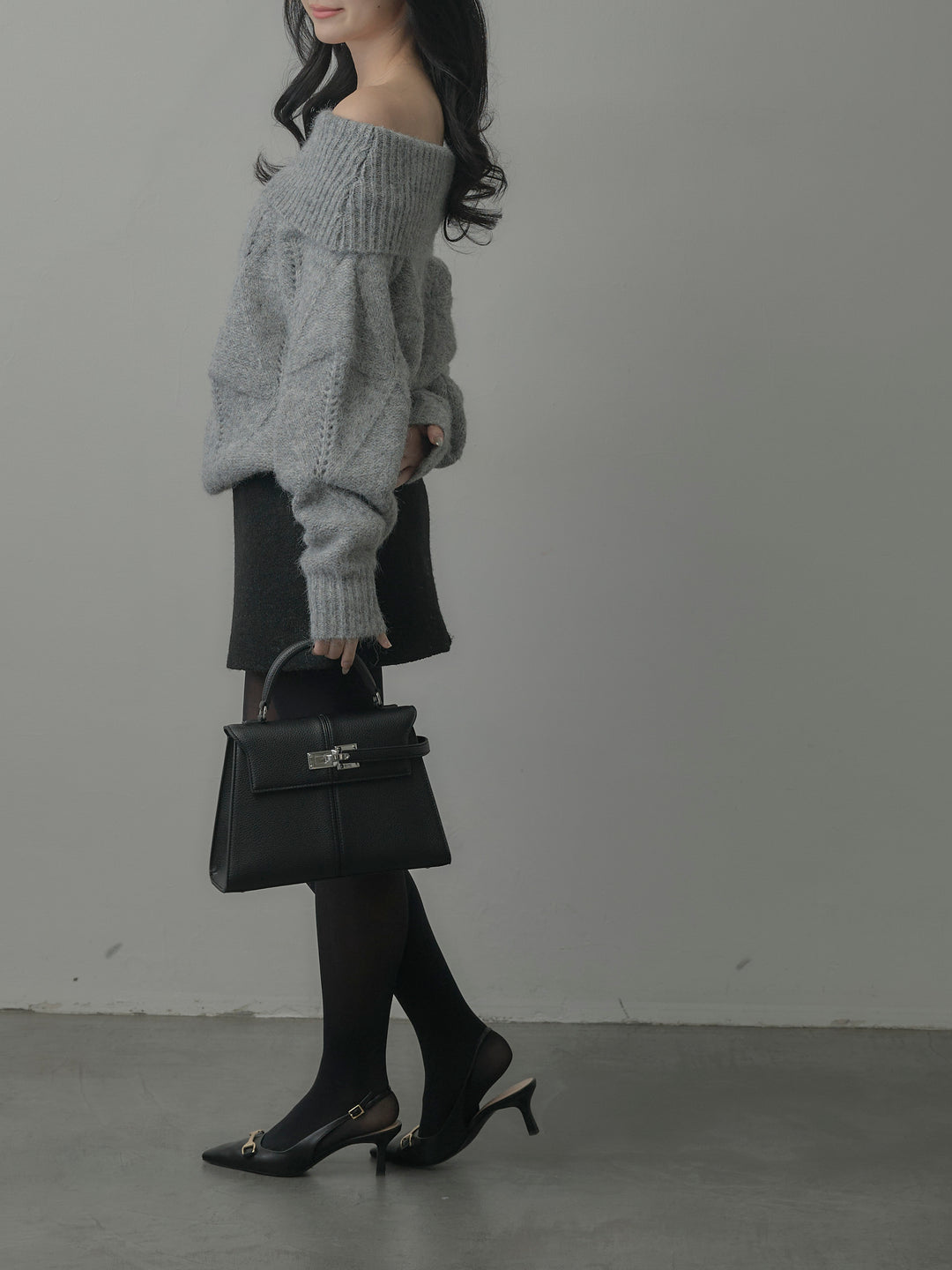 【SET】メランジニットオフショルトップス+ブークレ台形ミニスカート (2set)