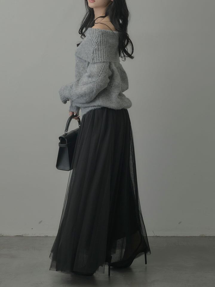 【SET】メランジニットオフショルトップス+ボリュームチュールスカート(2set)