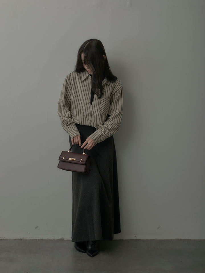 【SET】スエードタッチドッキングデザインストライプシャツ+リラクシーフレアロングスカート(2set)