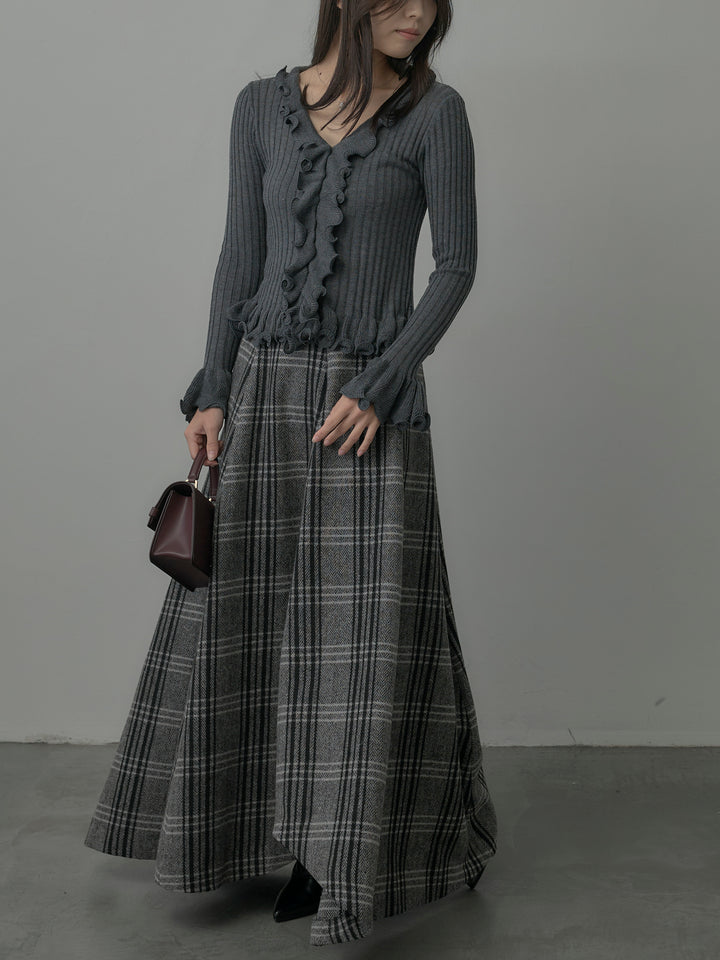 【SET】Vネックフリルデザインニットトップス+【Essential】クラシカルチェックウールタッチスカート(2set)
