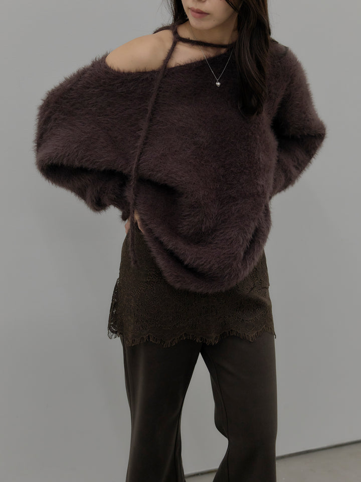 【SET】ネックリボンワンショルダーシャギーニット+レースレイヤードセミフレアパンツ(2set)