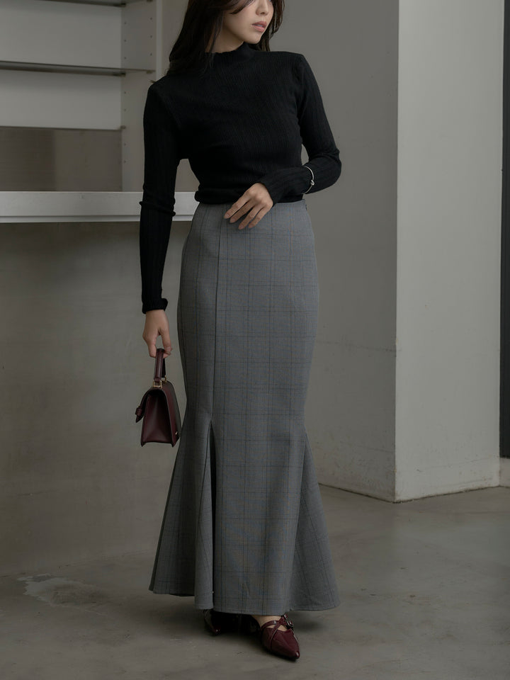 【SET】リブニットタートルネック+【Essential】チェック柄マーメイドスカート(2set)