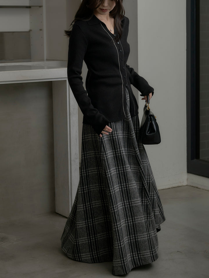 【SET】リブ配色ラインポロニットカーディガン+【Essential】クラシカルチェックウールタッチスカート(2set)