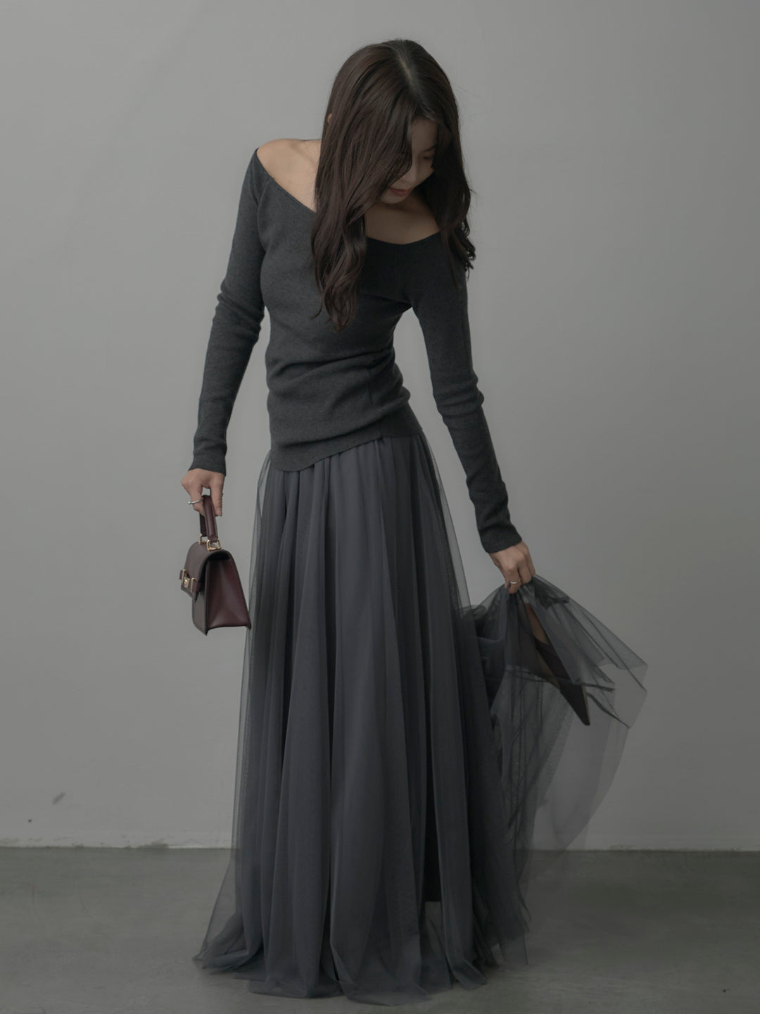 【SET】2wayリブニットポンチョトップス+ボリュームチュールスカート(2set)