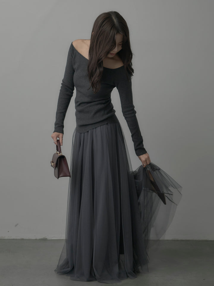 【SET】2wayリブニットポンチョトップス+ボリュームチュールスカート(2set)